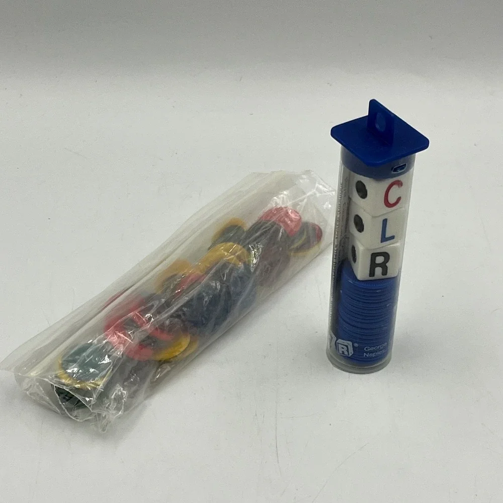 LCR Left Center Right Dice Game Blue Tube w Instructions Extra Multi-Color Chips